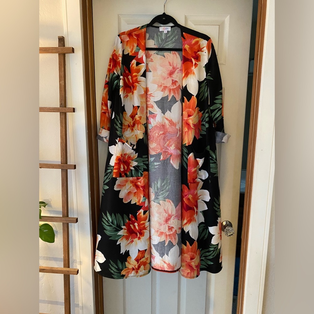 Accepting offers- LuLaRoe Black Cardigan with Orange & White Floral Accents